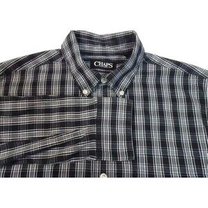 CHAPS  Mens Medium Plaid Black & White Long Sleeve Easy Care Stretch Shirt